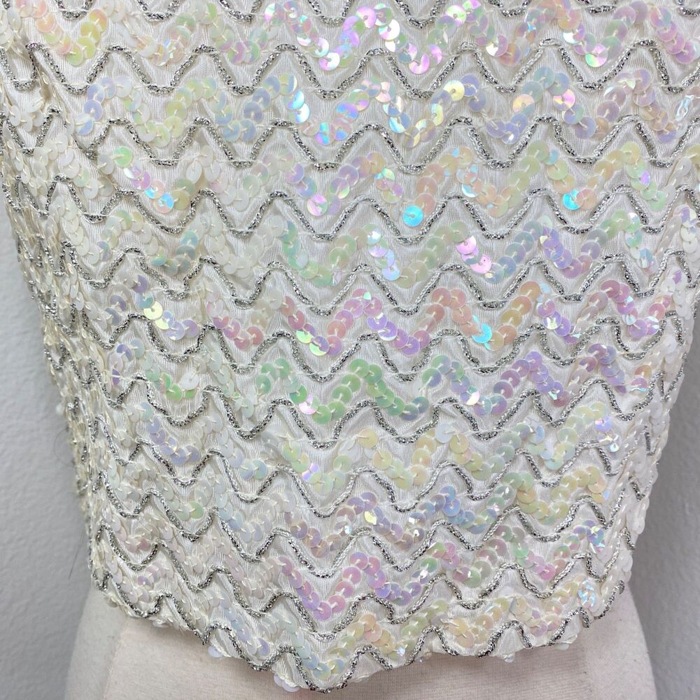 Vintage White Sequin Crop Cocktail Tank Top Medium Glam Evening Date Night - Picture 5 of 8
